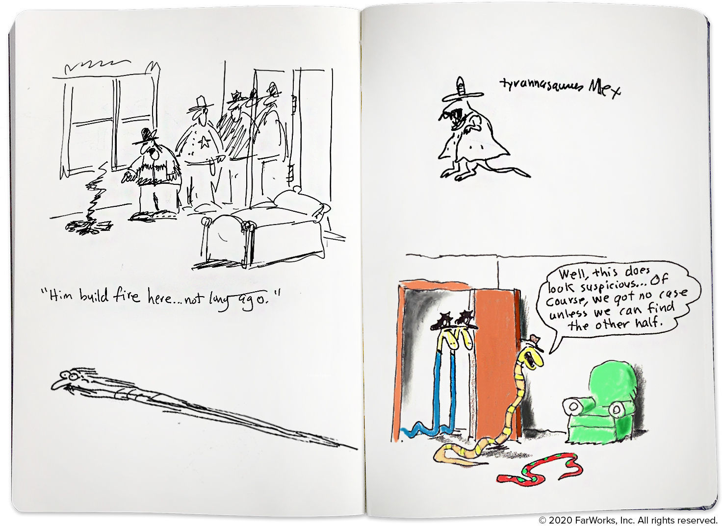 random drawings on a sketchbook page