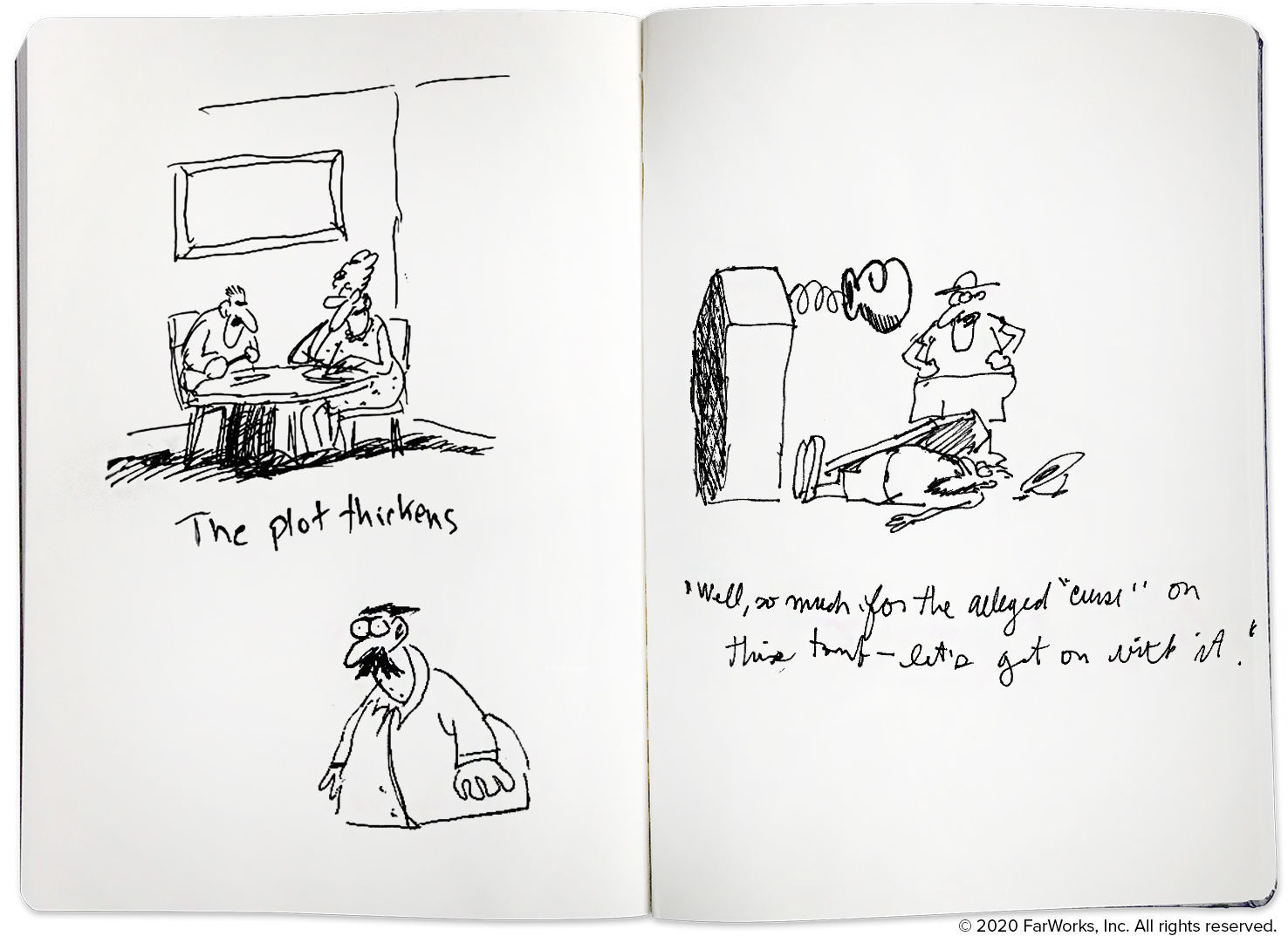 several cartoon sketches on a page