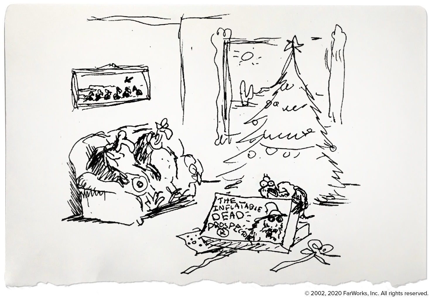 cartoon sketch of buzzard family opening Christmas present on a page