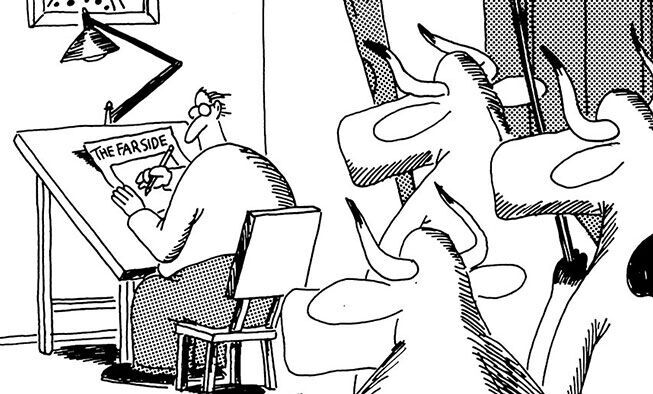 the far side comic collections titled 'gary larson breaks the 4th wall'